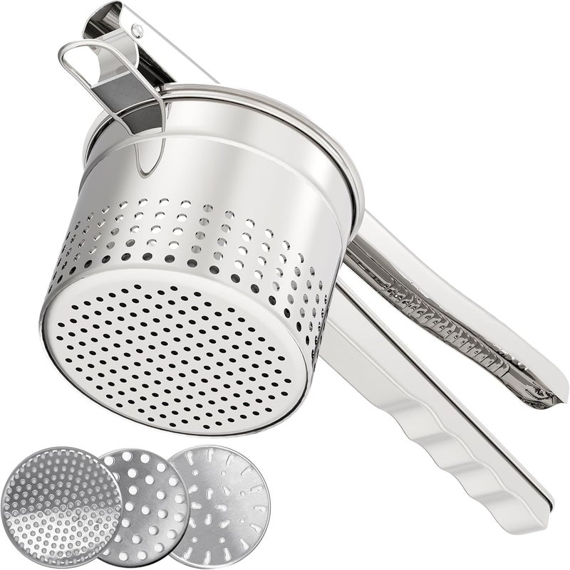GloTika Large 15oz Potato Ricer with 3 Interchangeable Discs Heavy Duty Stainless Steel Potato Masher with Ergonomic Handle Masher and Ricer Kitchen Tool for Mashed Potatoes Noodle Maker