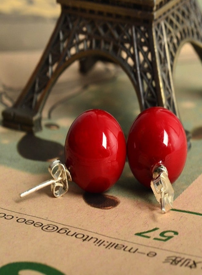 Lureme Women 10mm Red Shell Bead Silver Tone Classic Round Ball Stud Earrings 02001451-1 - Image 3
