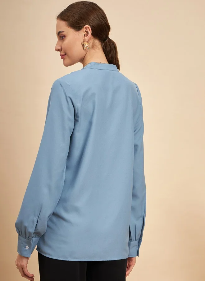 MINT STREET Blue Mandarin Collar Cuffed Sleeve Top for Women