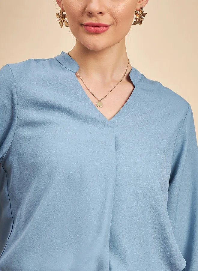 MINT STREET Blue Mandarin Collar Cuffed Sleeve Top for Women