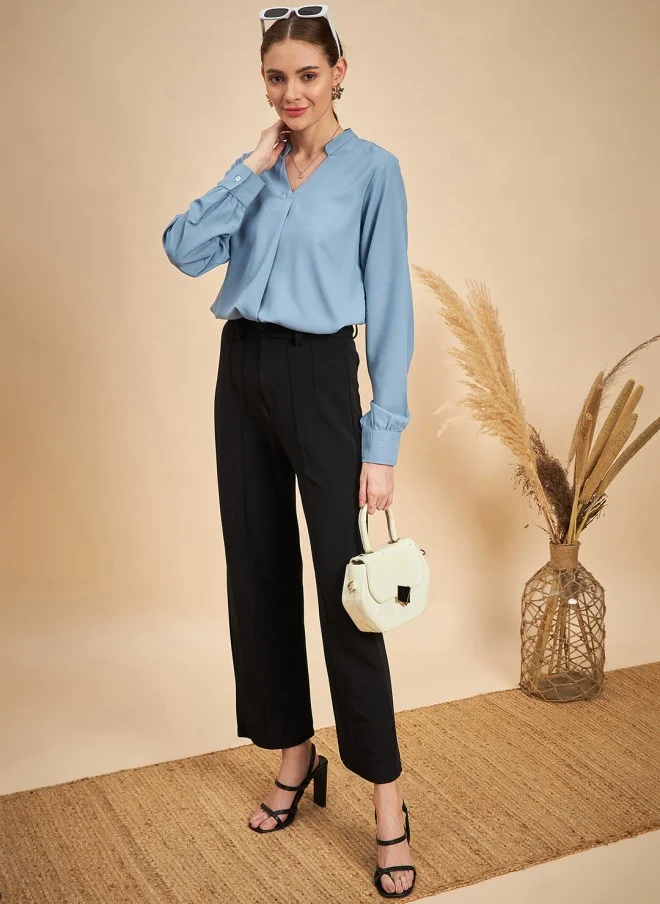 MINT STREET Blue Mandarin Collar Cuffed Sleeve Top for Women