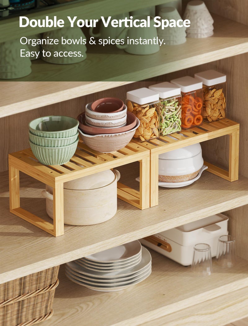 Tomorotec Bamboo Cabinet Shelf, 2 Pcs Kitchen Counter Shelf, Space-Saving Cabinet Organizer for Kitchen, Bathroom and Desk, Multifunctional Storage Rack for Spices, Cans, Toiletries and Stationery - Image 2