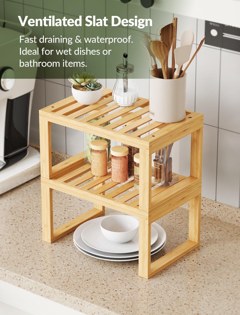 Tomorotec Bamboo Cabinet Shelf, 2 Pcs Kitchen Counter Shelf, Space-Saving Cabinet Organizer for Kitchen, Bathroom and Desk, Multifunctional Storage Rack for Spices, Cans, Toiletries and Stationery - Image 4