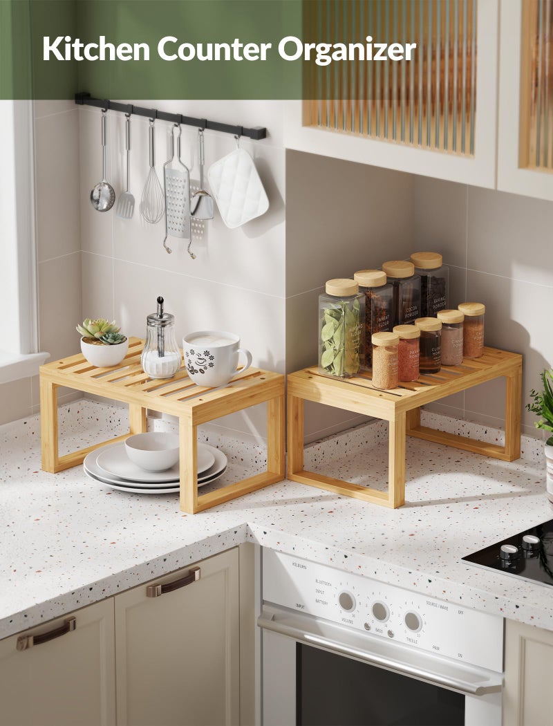 Tomorotec Bamboo Cabinet Shelf, 2 Pcs Kitchen Counter Shelf, Space-Saving Cabinet Organizer for Kitchen, Bathroom and Desk, Multifunctional Storage Rack for Spices, Cans, Toiletries and Stationery - Image 3