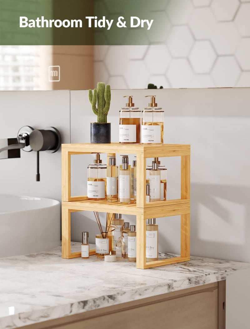 Tomorotec Bamboo Cabinet Shelf, 2 Pcs Kitchen Counter Shelf, Space-Saving Cabinet Organizer for Kitchen, Bathroom and Desk, Multifunctional Storage Rack for Spices, Cans, Toiletries and Stationery - Image 5