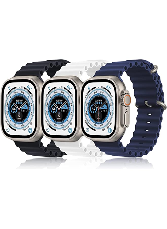 IAF 3 Pack Soft Silicone Ocean Band Compatible with Apple Watch Ultra Bands 49mm 45mm 44mm 42mm Sport Adjustable Loop for iWatch Series 8 7 6 5 4 3 2 1 SE Men Women Black + Midnight Blue + White