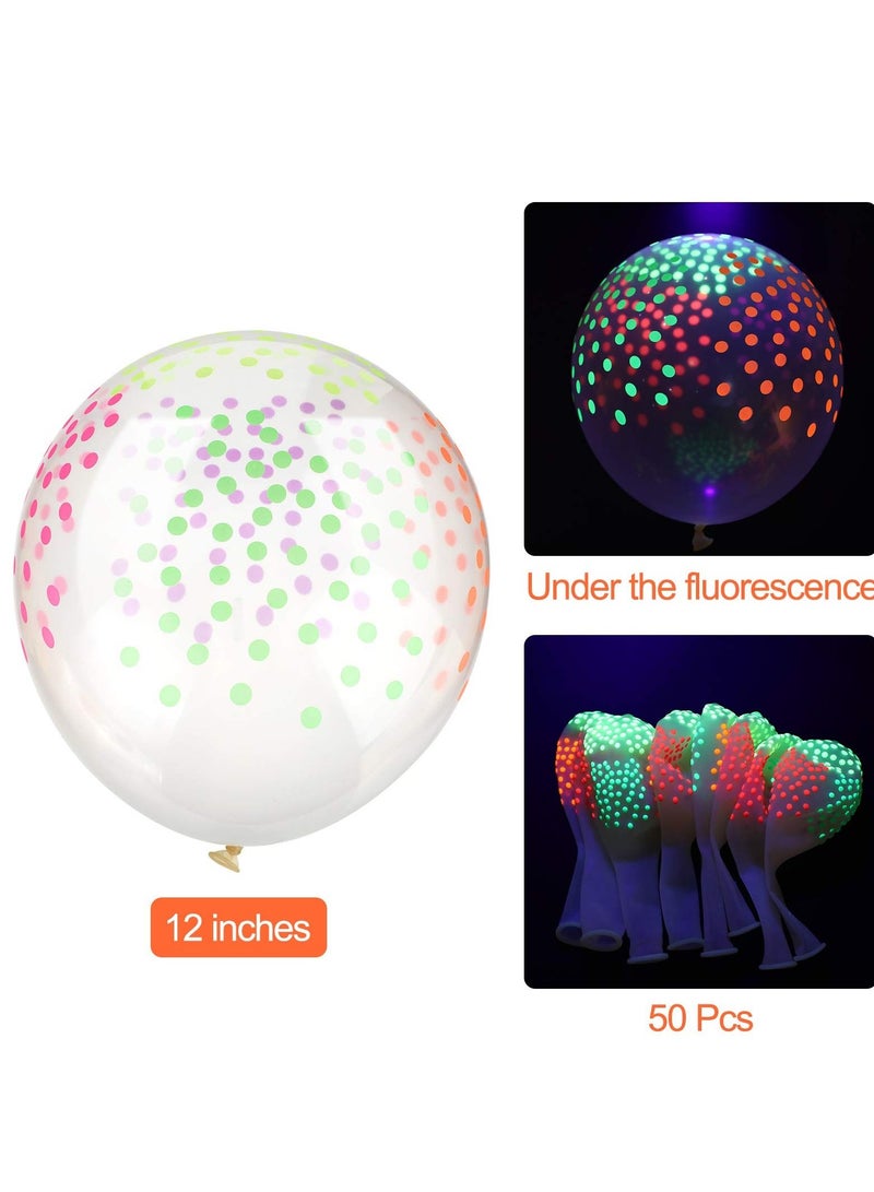 SYOSI 50 Pieces Neon Glowing Balloons, Polka Dot Transparent Fluorescent Balloons Candy-colored Polka Dots Wedding Party Decorations Glow in the Dark Birthday Arch Theme Supplies (12 Inch) - Image 5