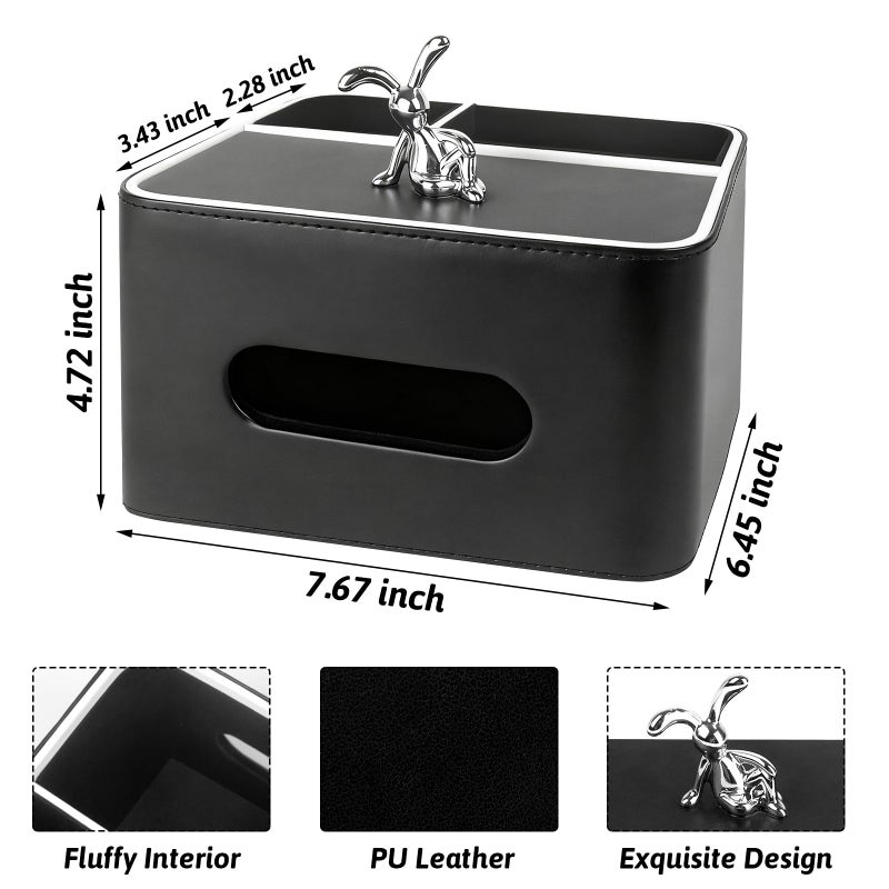 Lixintray PU Leather Tissue Box Cover Square - Multifunctional Tissue Box Holder with Storage, Tissue and Remote Control Holder Organizer with Compartments for Bedroom Nightstand, Desk, Living Room (Black) - Image 3