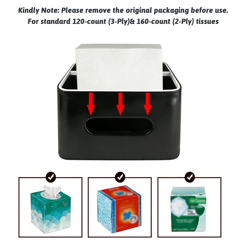 Lixintray PU Leather Tissue Box Cover Square - Multifunctional Tissue Box Holder with Storage, Tissue and Remote Control Holder Organizer with Compartments for Bedroom Nightstand, Desk, Living Room (Black) - Image 5