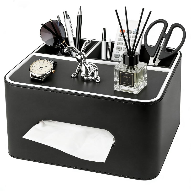 Lixintray PU Leather Tissue Box Cover Square - Multifunctional Tissue Box Holder with Storage, Tissue and Remote Control Holder Organizer with Compartments for Bedroom Nightstand, Desk, Living Room (Black) - Image 1