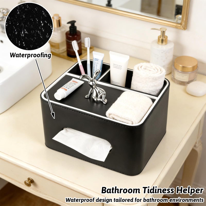 Lixintray PU Leather Tissue Box Cover Square - Multifunctional Tissue Box Holder with Storage, Tissue and Remote Control Holder Organizer with Compartments for Bedroom Nightstand, Desk, Living Room (Black) - Image 4