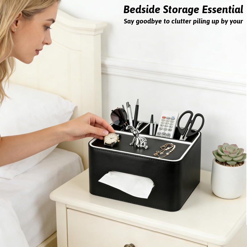 Lixintray PU Leather Tissue Box Cover Square - Multifunctional Tissue Box Holder with Storage, Tissue and Remote Control Holder Organizer with Compartments for Bedroom Nightstand, Desk, Living Room (Black) - Image 2