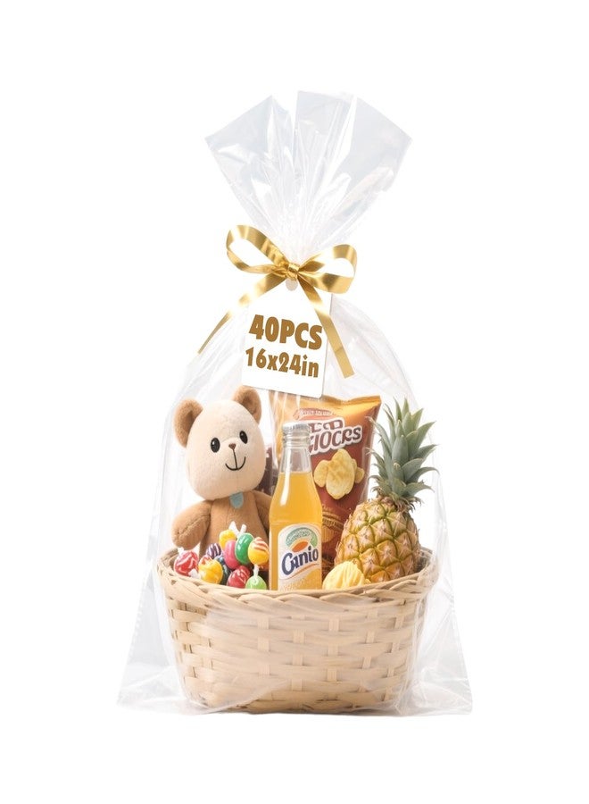 NUITPY 40 Pcs Cellophane Bags, 16 x 24 Inchs Cellophane Wrap for Gift Baskets, Durable Cellophane Gift Bag, Clear Basket Bag - Complimentary 40 Pcs Golden Twist Ties - Image 1