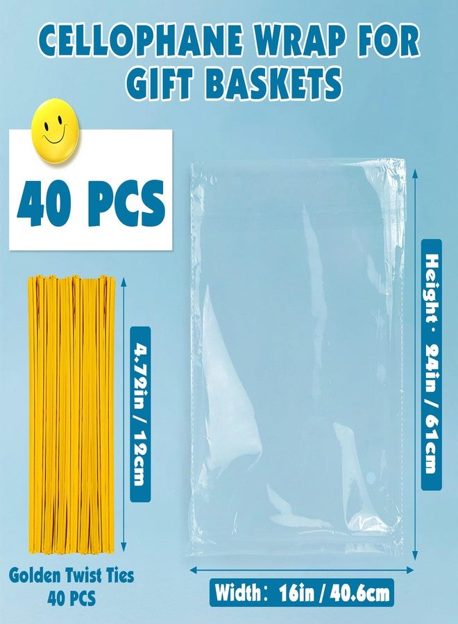 NUITPY 40 Pcs Cellophane Bags, 16 x 24 Inchs Cellophane Wrap for Gift Baskets, Durable Cellophane Gift Bag, Clear Basket Bag - Complimentary 40 Pcs Golden Twist Ties - Image 2
