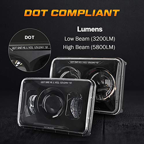 AUDEXEN 4x6 Inch LED Headlights for Kenworth T800 T600 & Peterbilt 379, 60W Rectangular Hi/Lo Beam, H4656 Replacement, DOT Approved, Black, 4PCS - Image 3