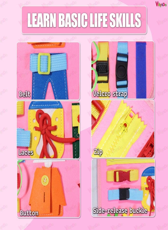 VikriDA Busy Board Activity Binder Interactive Sensory Educational Toy for Toddlers Supports Fine Motor Skills & Creativity with Activities Soft Felt Busy Binder Birthday Gift- Pink - Image 5