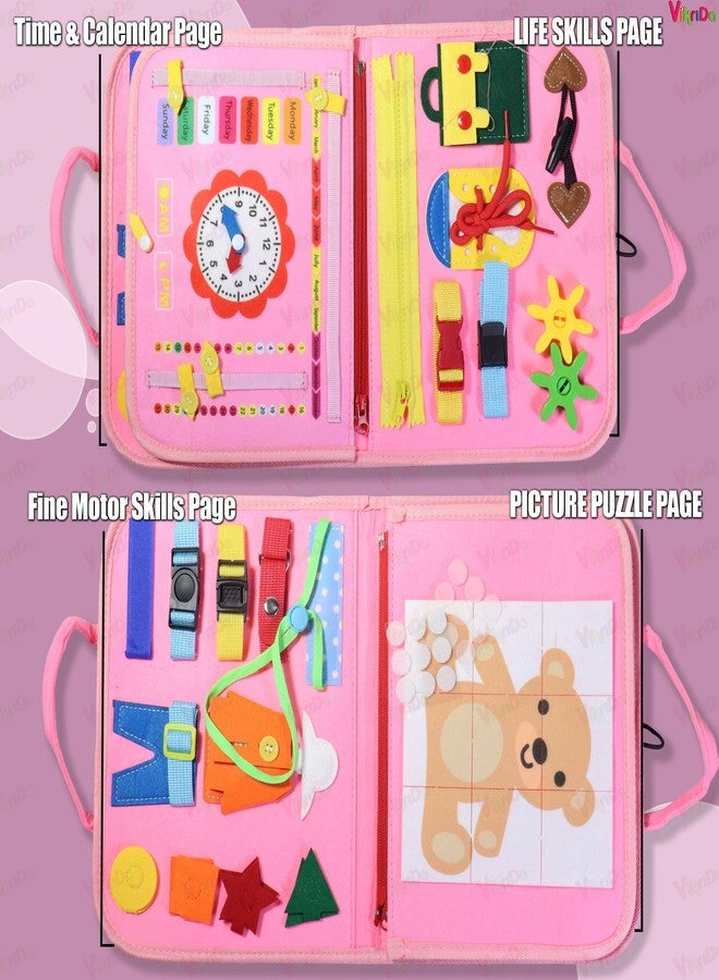 VikriDA Busy Board Activity Binder Interactive Sensory Educational Toy for Toddlers Supports Fine Motor Skills & Creativity with Activities Soft Felt Busy Binder Birthday Gift- Pink - Image 4