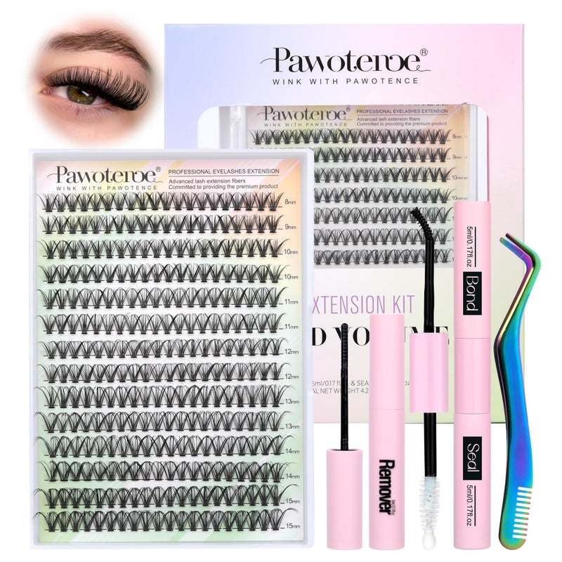 Pawotence Lash Extension Kit DIY 280pcs Individual Lash Clusters Kit 30D Cluster Eyelash Extensions Kit with Lash Bond and Seal, Lash Remover, Lash Tweezers for Self Use (30D, 8-15mm, All Kit) - Image 1