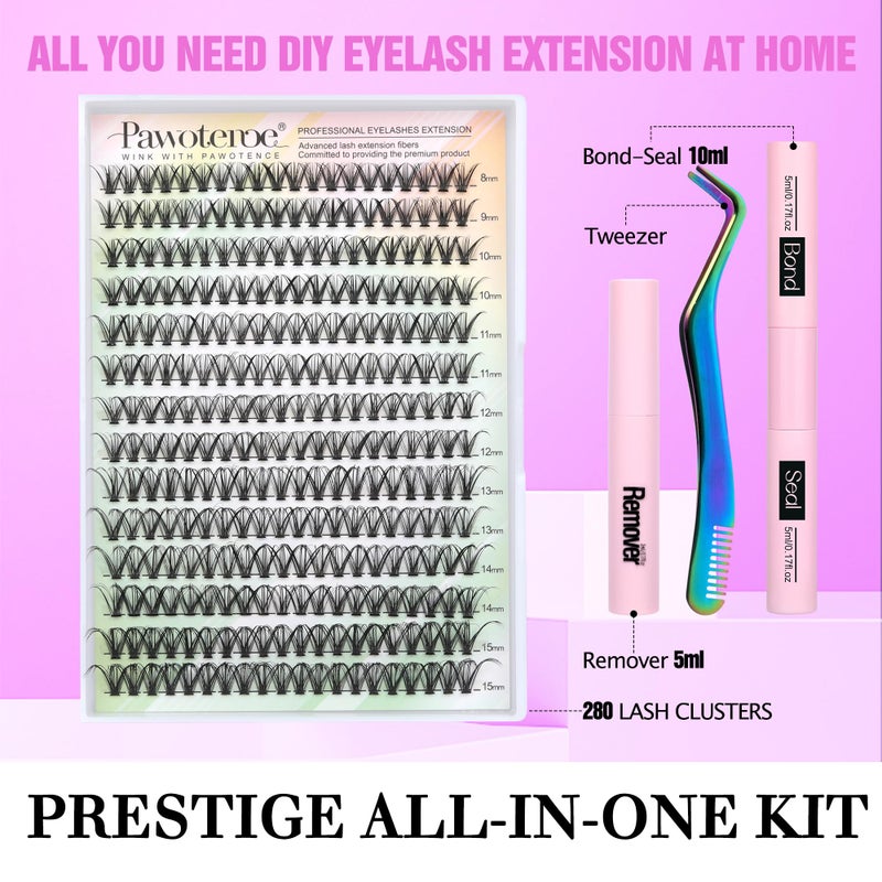 Pawotence Lash Extension Kit DIY 280pcs Individual Lash Clusters Kit 30D Cluster Eyelash Extensions Kit with Lash Bond and Seal, Lash Remover, Lash Tweezers for Self Use (30D, 8-15mm, All Kit) - Image 2