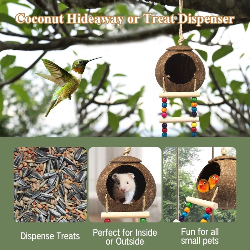 Eeaivnm Hanging Coconut Birds House with Ladder,Natural Coconut Fiber Shell Bird Nest for Parrot Parakeet Lovebird Finch Canary,Coconut Hide Birds Swing Toys for Hamster,Bird Cage Accessories,Pet Bird Supply - Image 5