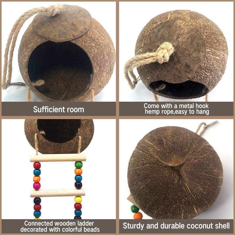 Eeaivnm Hanging Coconut Birds House with Ladder,Natural Coconut Fiber Shell Bird Nest for Parrot Parakeet Lovebird Finch Canary,Coconut Hide Birds Swing Toys for Hamster,Bird Cage Accessories,Pet Bird Supply - Image 2