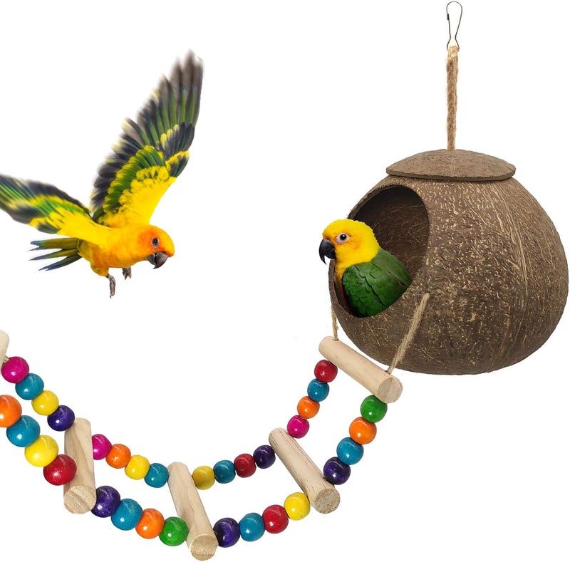 Eeaivnm Hanging Coconut Birds House with Ladder,Natural Coconut Fiber Shell Bird Nest for Parrot Parakeet Lovebird Finch Canary,Coconut Hide Birds Swing Toys for Hamster,Bird Cage Accessories,Pet Bird Supply - Image 1