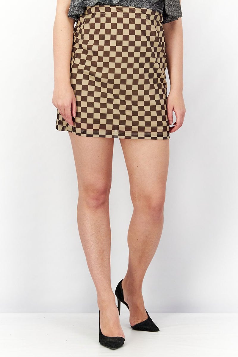 Cropp Women Regular Fit Checkered Mini Skirt, Brown - Image 1
