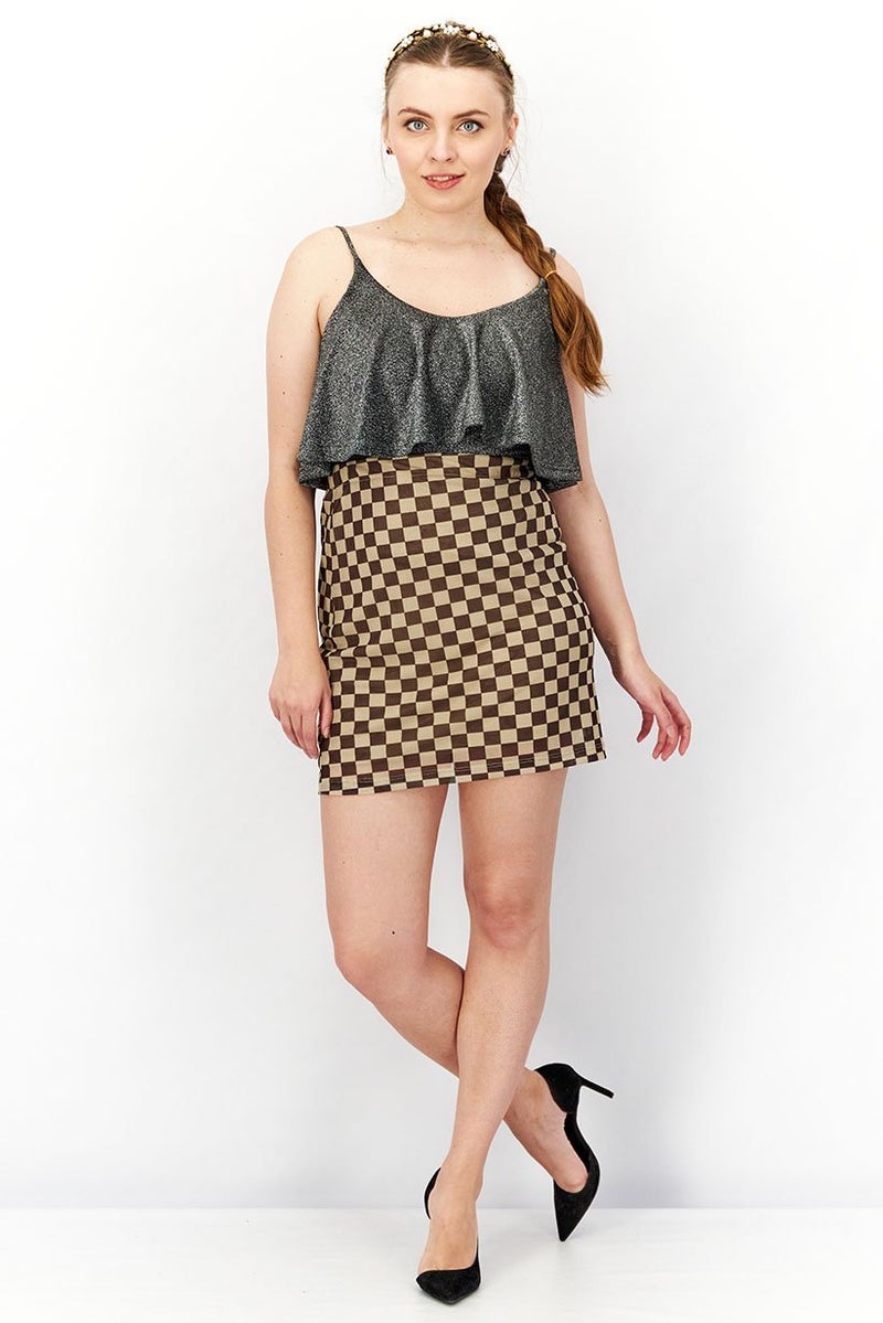 Cropp Women Regular Fit Checkered Mini Skirt, Brown - Image 3