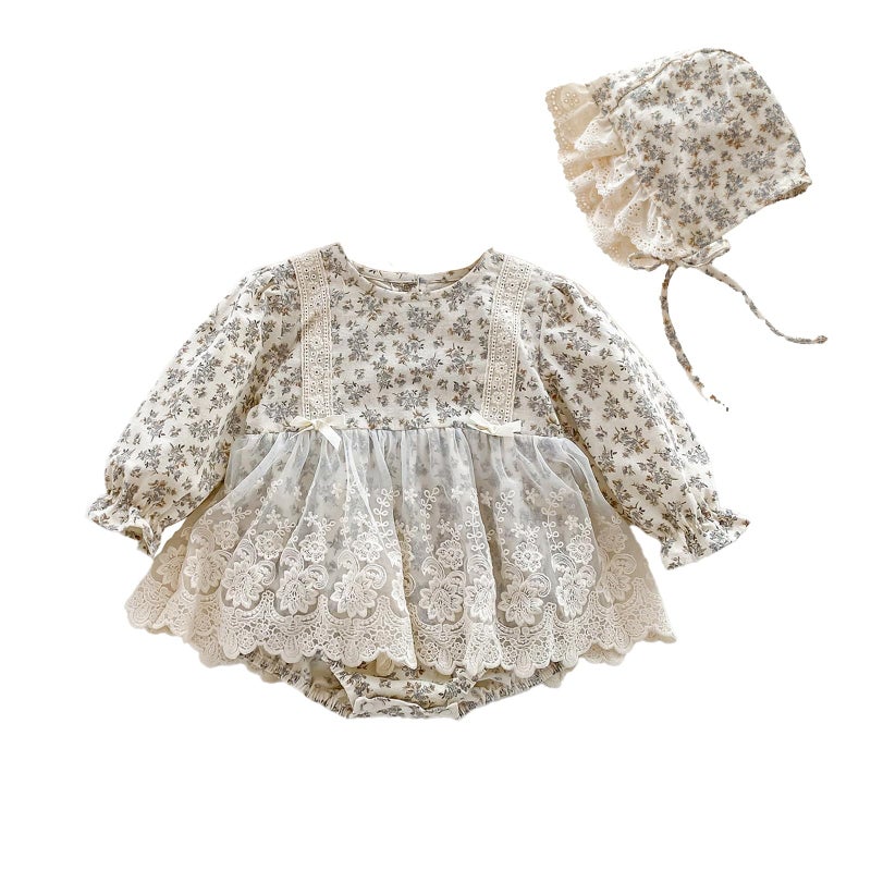 oweve Baby Girl Floral Romper, Long Sleeve Lace Dress Bodysuit with Bonnet, Princess Style Outfit for Newborn and Infant (Beige And White, 6-9 Months) - Image 1