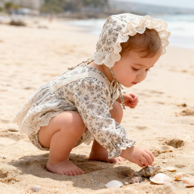 oweve Baby Girl Floral Romper, Long Sleeve Lace Dress Bodysuit with Bonnet, Princess Style Outfit for Newborn and Infant (Beige And White, 6-9 Months) - Image 2