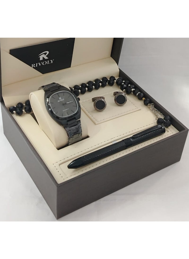 ريفولي طقم رجالي من الستانلس ستيل يتكون من ساعة وسبحة وقلم وازرار اكمام