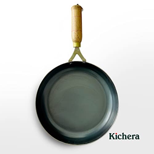 Kichera Iron Fry Pan with Wooden Handle 23cm/9 inch, 1.3Ltr, 0.85kg | Gas Stove and Induction Friendly | Pre-Seasoned Black Flat Sheet Metal Iron Traditional Frying Pan - Image 5