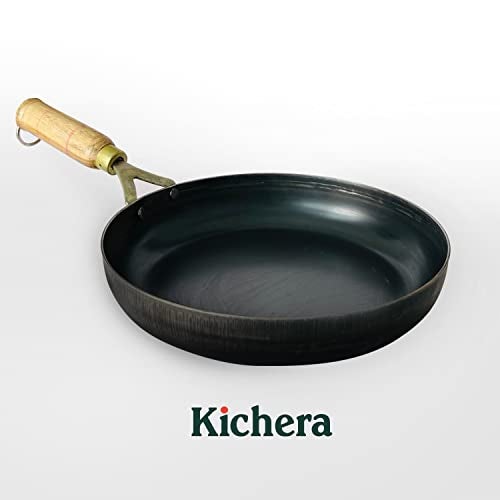 Kichera Iron Fry Pan with Wooden Handle 23cm/9 inch, 1.3Ltr, 0.85kg | Gas Stove and Induction Friendly | Pre-Seasoned Black Flat Sheet Metal Iron Traditional Frying Pan - Image 3