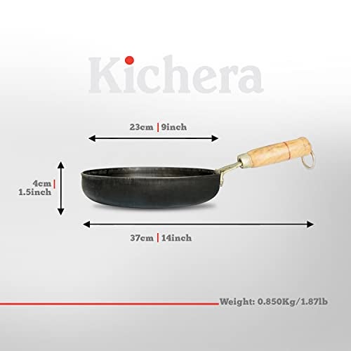 Kichera Iron Fry Pan with Wooden Handle 23cm/9 inch, 1.3Ltr, 0.85kg | Gas Stove and Induction Friendly | Pre-Seasoned Black Flat Sheet Metal Iron Traditional Frying Pan - Image 2