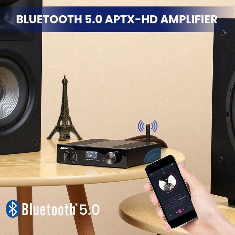 AIYIMA D03 Bluetooth 5.0 aptX HD Class D Digital Amplifier 150W×2 Stereo 2.1 CH HIFI Power Amplifier Built-in USB DAC Optical Coaxial RCA Input Subwoofer Output OLED Display with Remote Control - Image 5