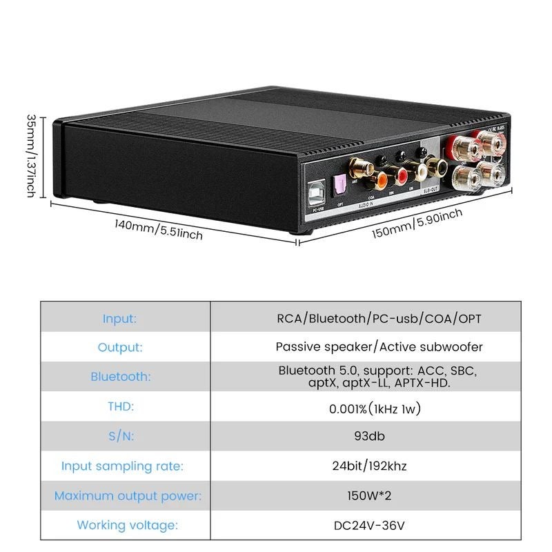 AIYIMA D03 Bluetooth 5.0 aptX HD Class D Digital Amplifier 150W×2 Stereo 2.1 CH HIFI Power Amplifier Built-in USB DAC Optical Coaxial RCA Input Subwoofer Output OLED Display with Remote Control - Image 4