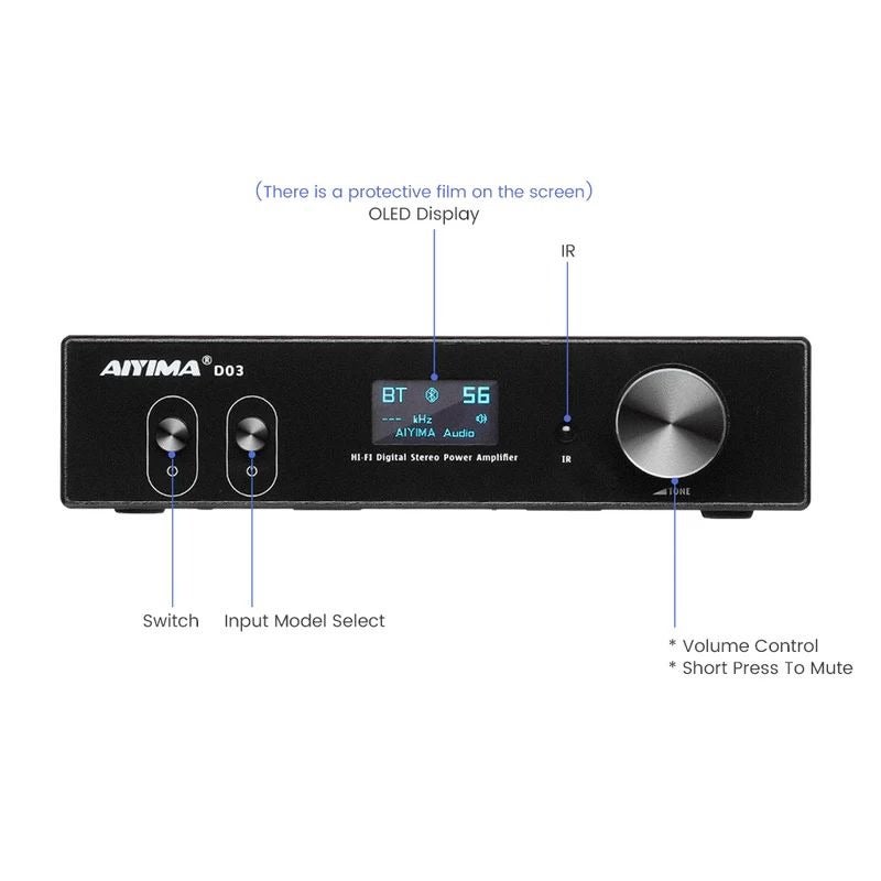 AIYIMA D03 Bluetooth 5.0 aptX HD Class D Digital Amplifier 150W×2 Stereo 2.1 CH HIFI Power Amplifier Built-in USB DAC Optical Coaxial RCA Input Subwoofer Output OLED Display with Remote Control - Image 2