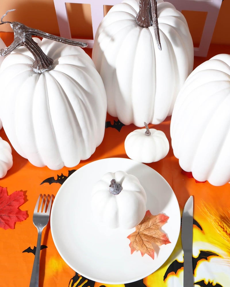 vensovo vensovo 8.5 Inch Large White Pumpkins for Decorating - 2PCS Big White Foam Decorative Pumpkins for Fall Decor  White Paintable Artificial Pumpkins Perfect for Halloween Decor Thanksgiving Decor  - Image 4
