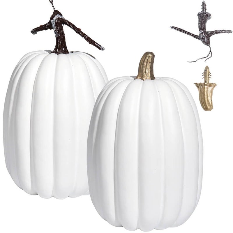 vensovo vensovo 8.5 Inch Large White Pumpkins for Decorating - 2PCS Big White Foam Decorative Pumpkins for Fall Decor  White Paintable Artificial Pumpkins Perfect for Halloween Decor Thanksgiving Decor  - Image 1