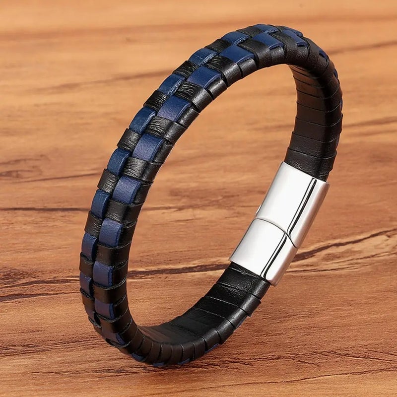 Silver Stainless Steel & Leather Bangale Bracelet For Him