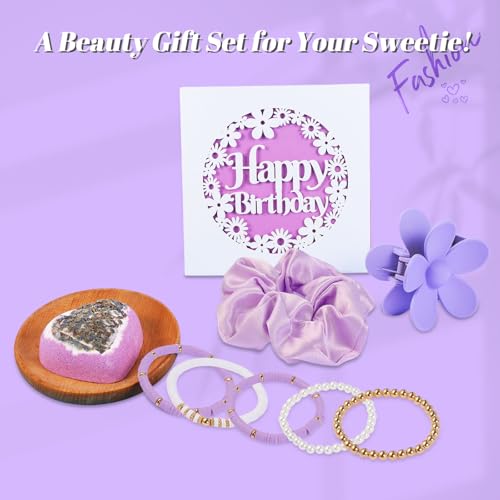 ONIYEA Birthday Gift for Teen Girls, 7 Cute Gifts with Tasks, Happy Birthday Gift Ideas,Trendy Preppy Stuff for Teen Girls, Christmas, Cute Daisy Aesthetic Glass Cups Tumbler Gifts Set 7pcs (Purple) - Image 5