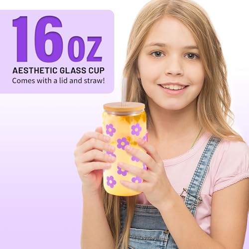 ONIYEA Birthday Gift for Teen Girls, 7 Cute Gifts with Tasks, Happy Birthday Gift Ideas,Trendy Preppy Stuff for Teen Girls, Christmas, Cute Daisy Aesthetic Glass Cups Tumbler Gifts Set 7pcs (Purple) - Image 3