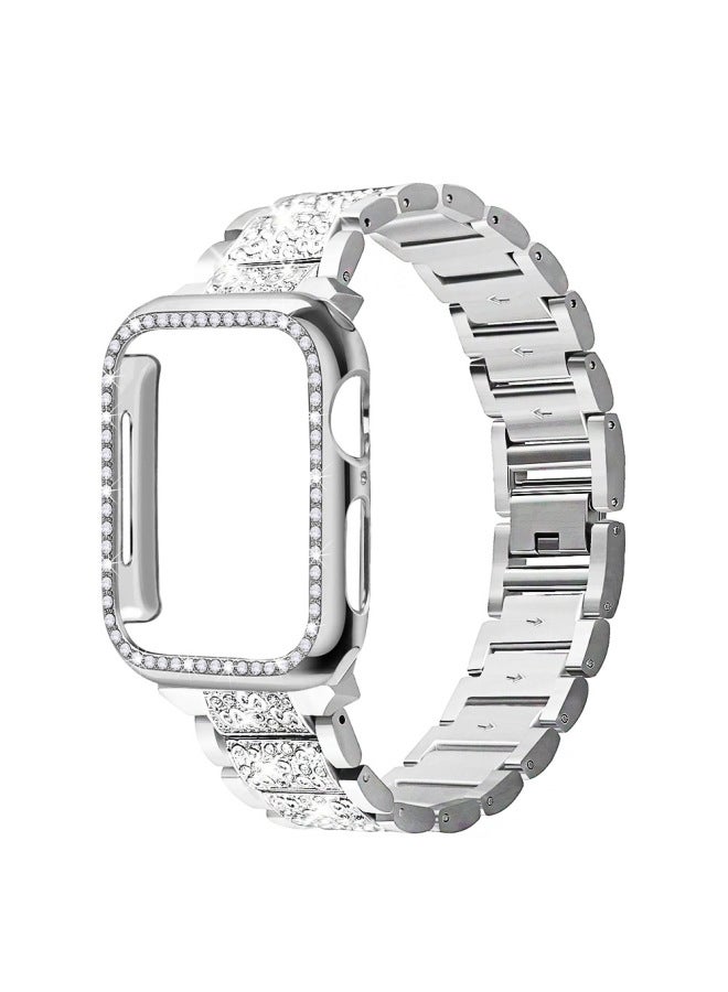 Suitable For IWatch6 Smart For Apple Watch Strap For Apple Three Beads Diamond Strap Spot Wholesale-Color:42mm (alloy) Silver Strap + Pc Diamond Case
