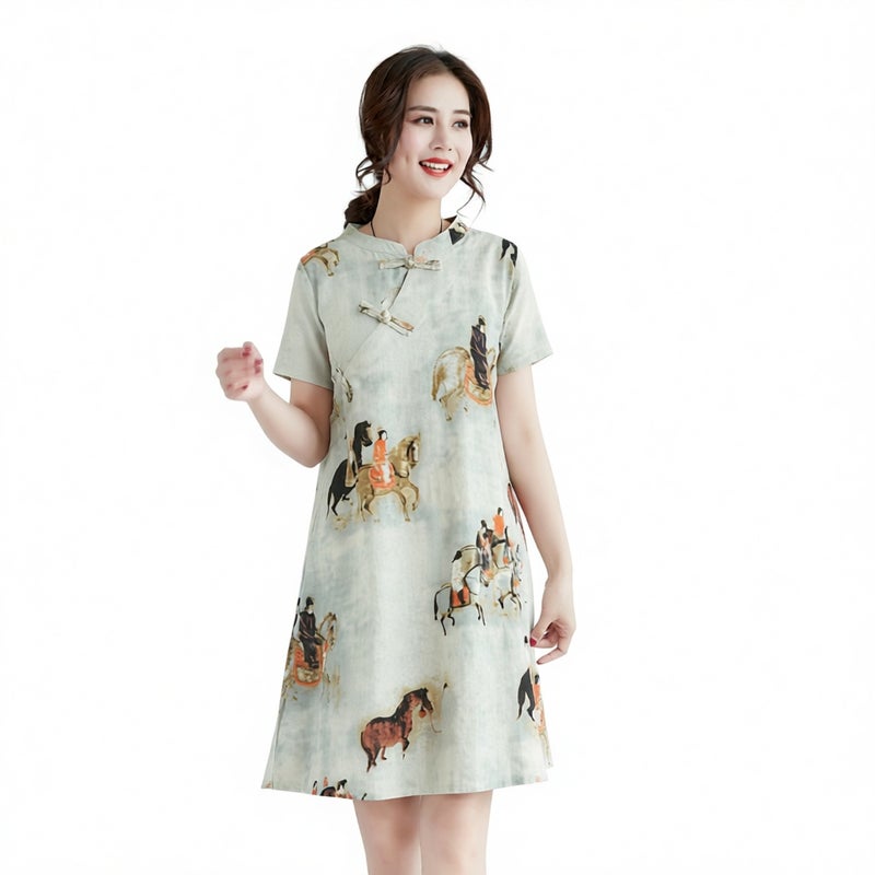 Vintage Floral Print Cotton Linen Loose Plus Size Mid-Length Modified Cheongsam Short Sleeve Dress - Image 3