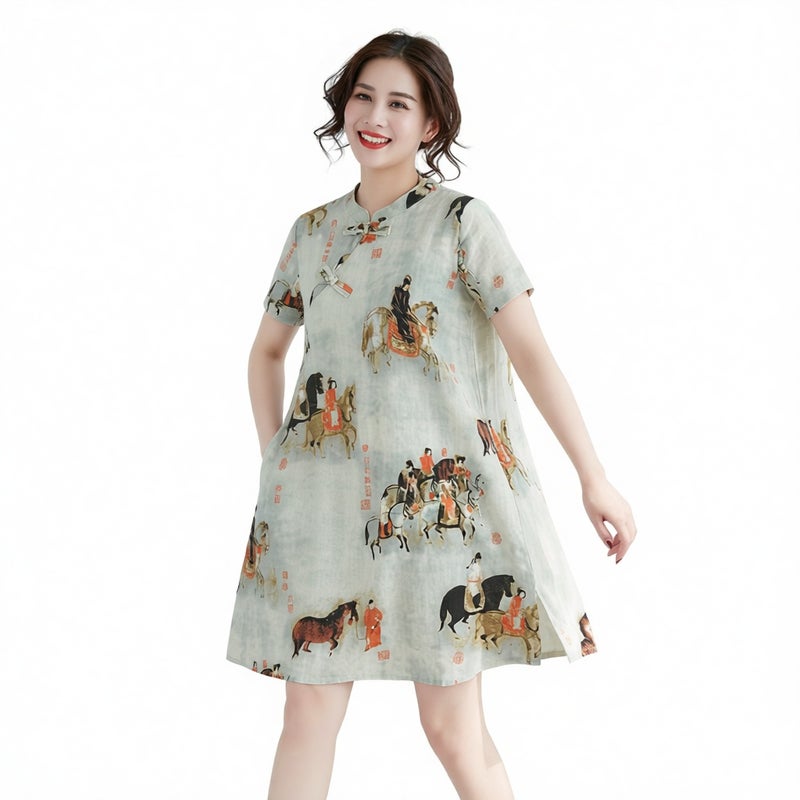 Vintage Floral Print Cotton Linen Loose Plus Size Mid-Length Modified Cheongsam Short Sleeve Dress - Image 1