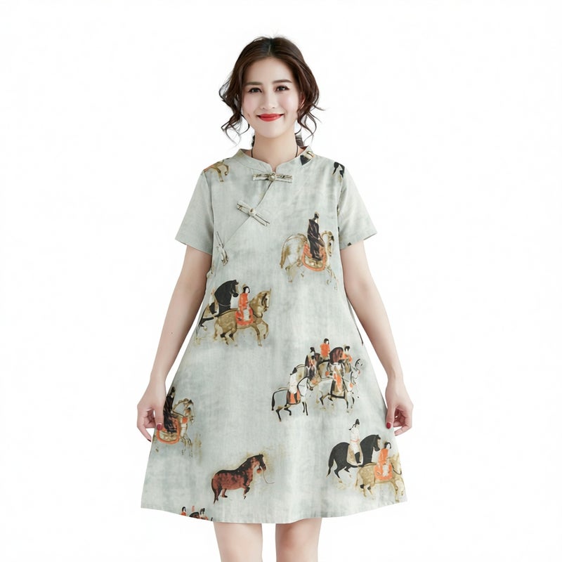 Vintage Floral Print Cotton Linen Loose Plus Size Mid-Length Modified Cheongsam Short Sleeve Dress - Image 2