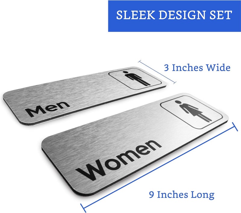 اي ار اس لافتات دورات مياه من الألومنيوم المصقول من ARS (مجموعة من قطعتين) - لافتة عصرية للرجال والنساء، ديكور حمام، باب مناسب للافتات التجارية، 9*3 بوصة - Image 2