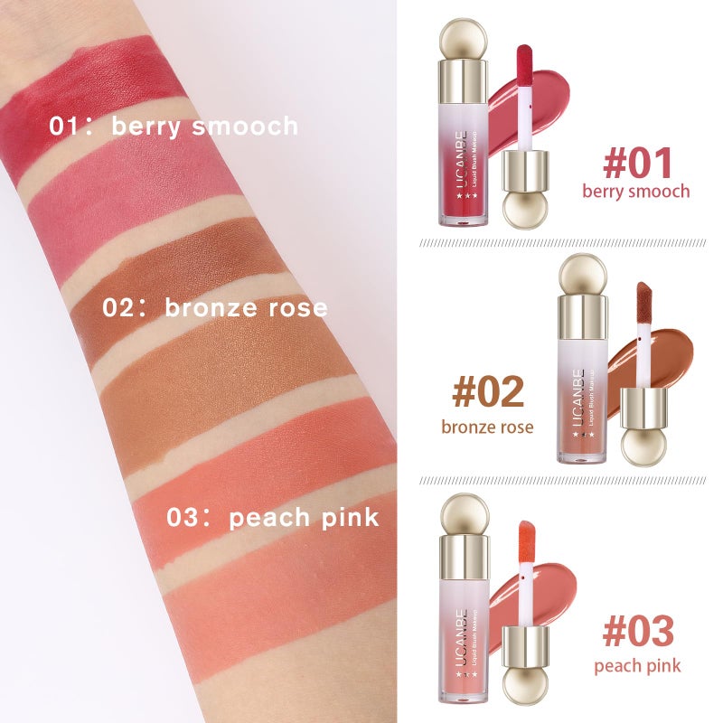 UCANBEMAKEUP UCANBE 3 PCS Liquid Blush Makeup Set, Blendable Soft Cream Face Blush for Cheeks, Natural Matte Finish Looking Long-Wearing Smudge-Proof Moisturizing Makeup(01) - Image 4