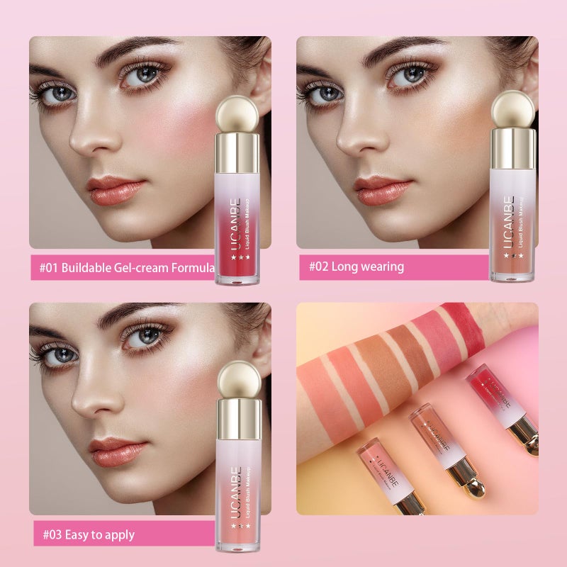 UCANBEMAKEUP UCANBE 3 PCS Liquid Blush Makeup Set, Blendable Soft Cream Face Blush for Cheeks, Natural Matte Finish Looking Long-Wearing Smudge-Proof Moisturizing Makeup(01) - Image 3