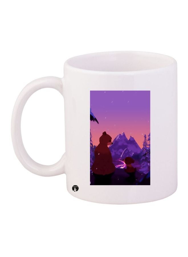 RYN Bear Cartoon Printed Coffee Mug White/Brown/Purple 11ounce